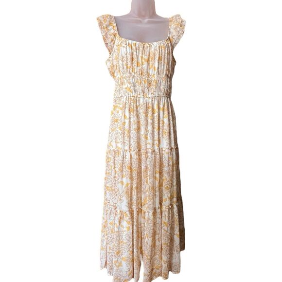 Trixxie Yellow Floral Ruffled Maxi Dress Sz L Milkmaid Boho Cottagecore Prairie - Picture 6 of 14